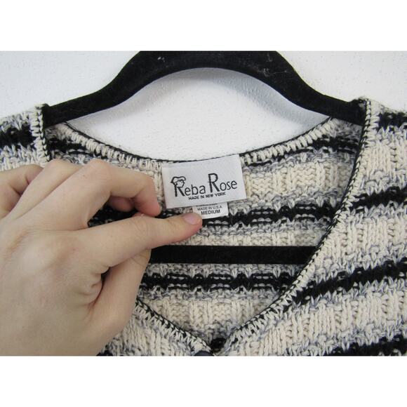 Reba Rose Medium Vintage 1990s Knitted Striped Cardigan Sweater Cotton Neutrals - Picture 2 of 6